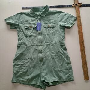 New CHOUYATOU Light Green Collared Short-Sleeve Romper Women's Size M